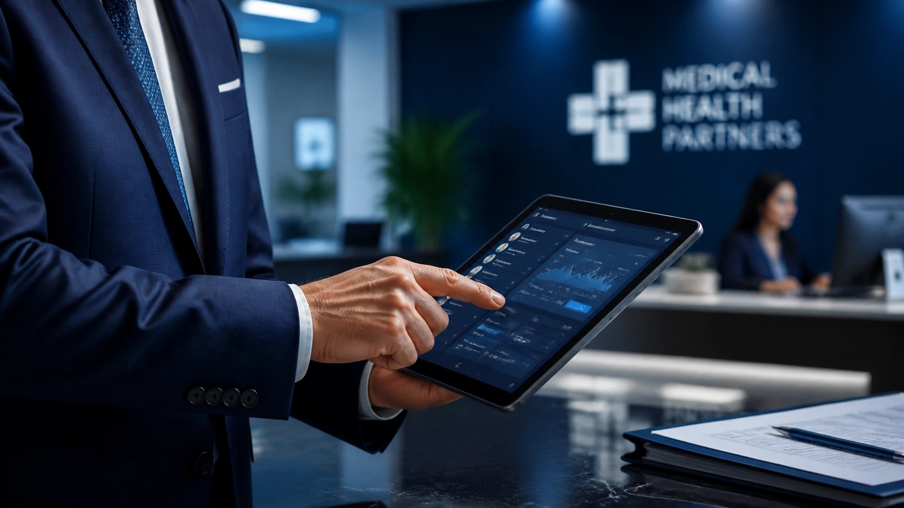 Professional medical administrator using digital tools to support healthcare practice operations.